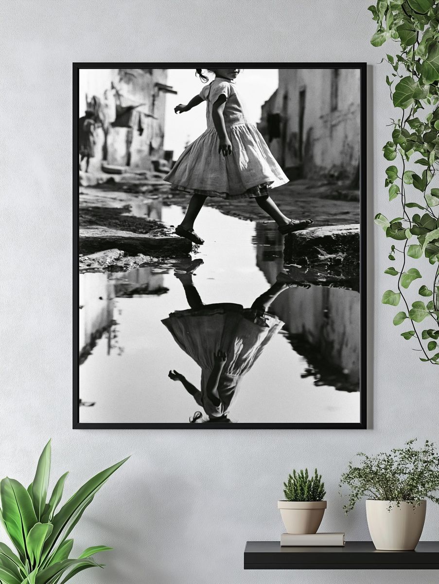 Girl Crossing Puddle Photography Poster. — room view 4