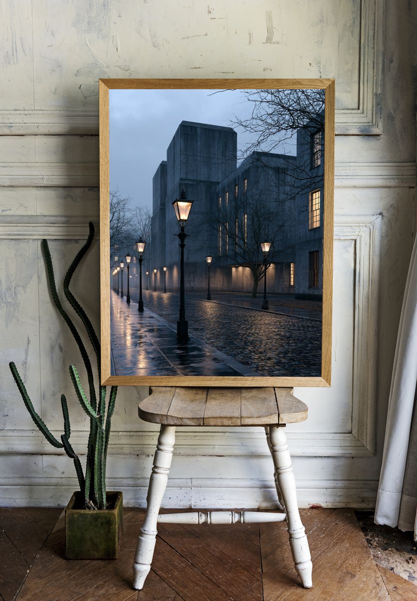 Foggy Cobblestone Street Photography Poster. room preview