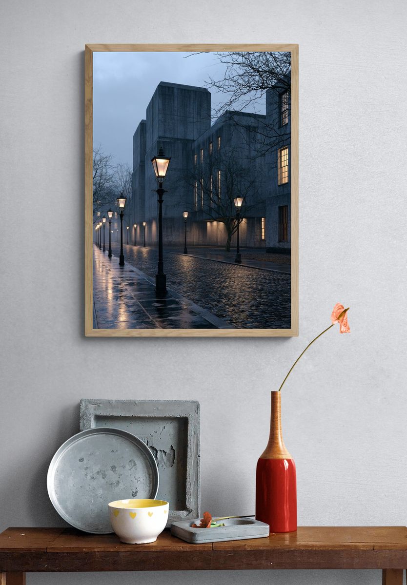Foggy Cobblestone Street Photography Poster. — room view 3