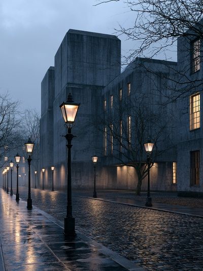 Foggy Cobblestone Street Photography Poster.
