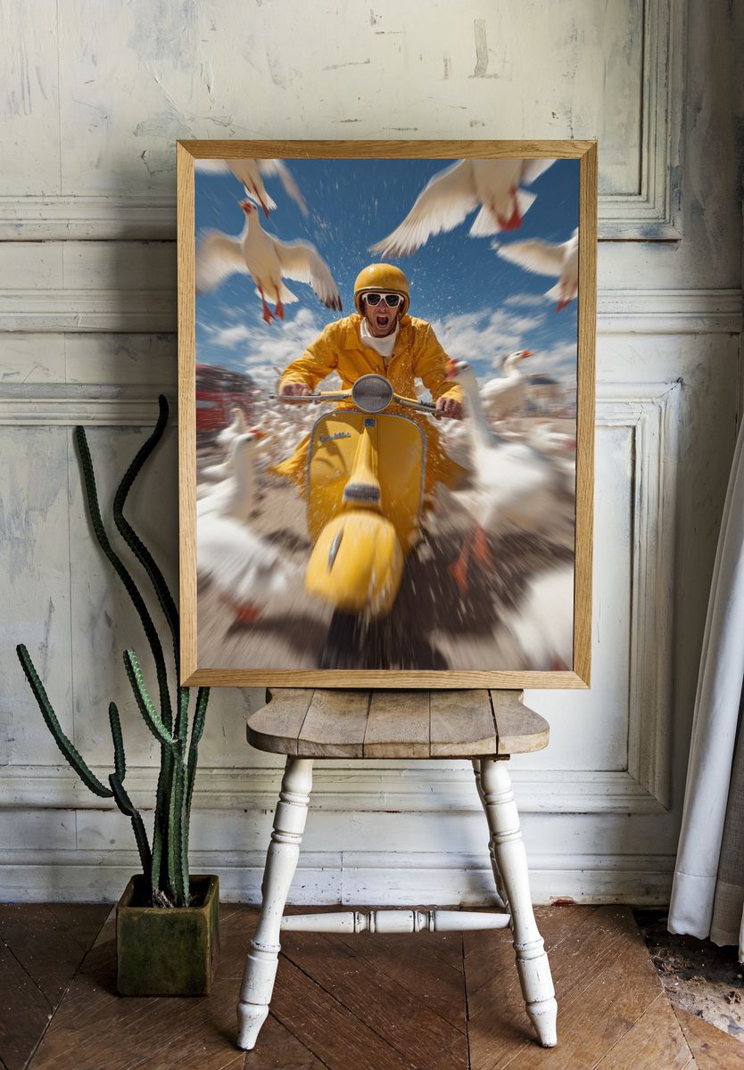 Yellow Scooter Chase Photography Poster. room preview