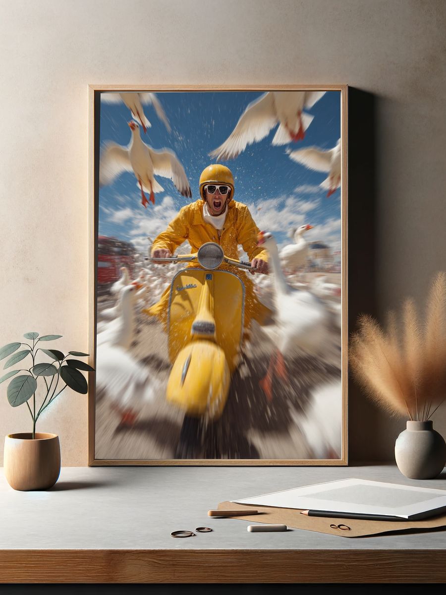 Yellow Scooter Chase Photography Poster. — room view 2
