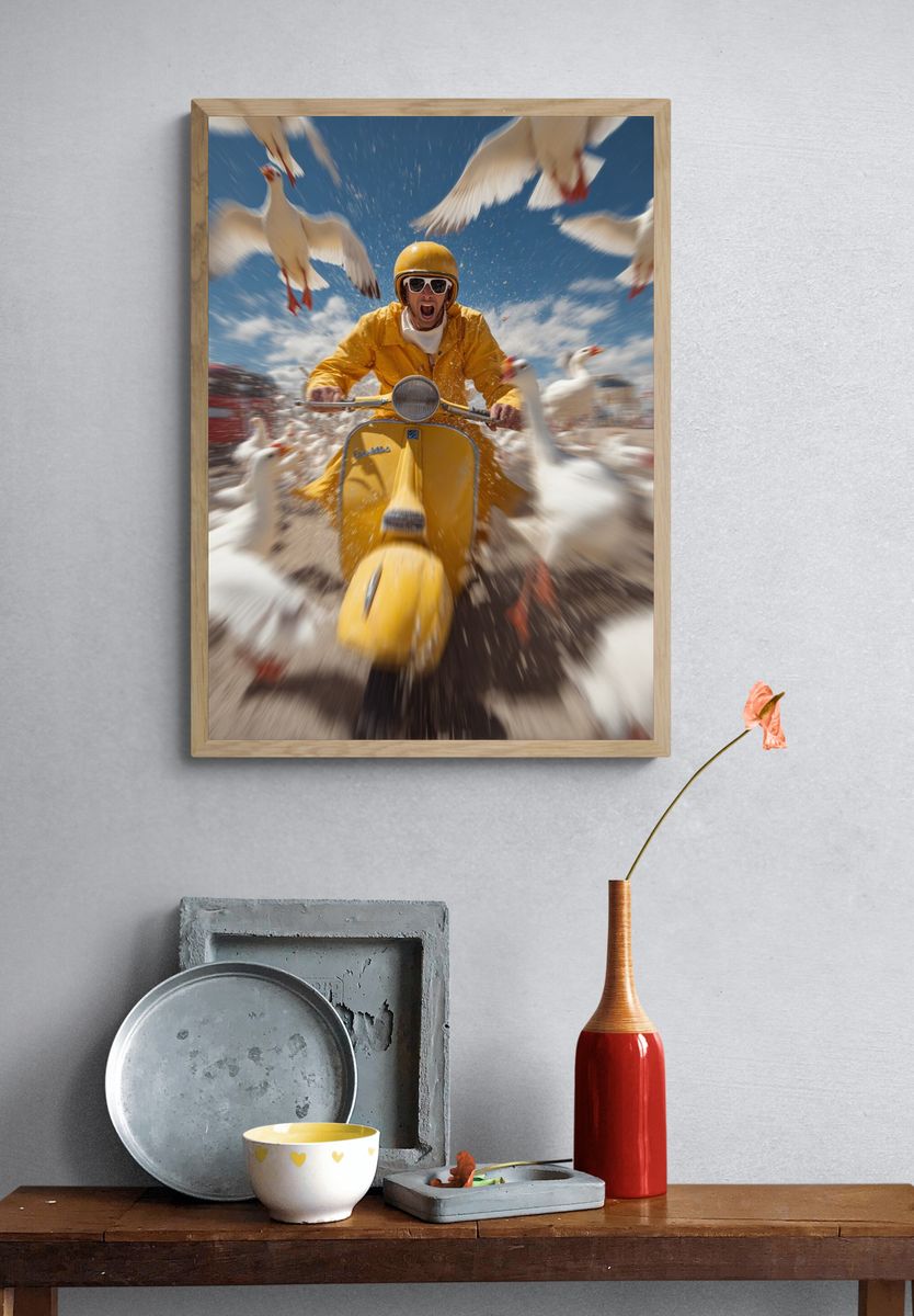Yellow Scooter Chase Photography Poster. — room view 3