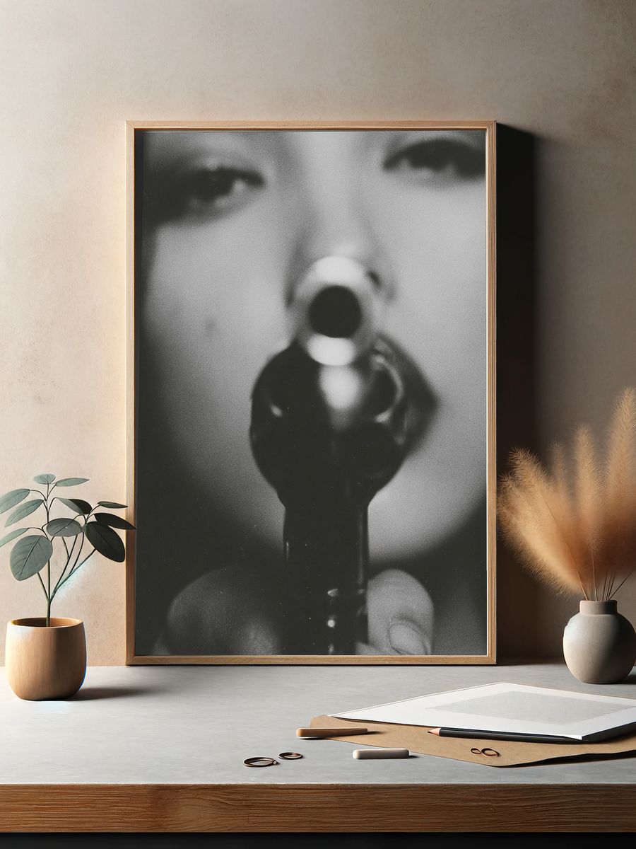 Surreal Face and Gun — Photography Print. — room view 2