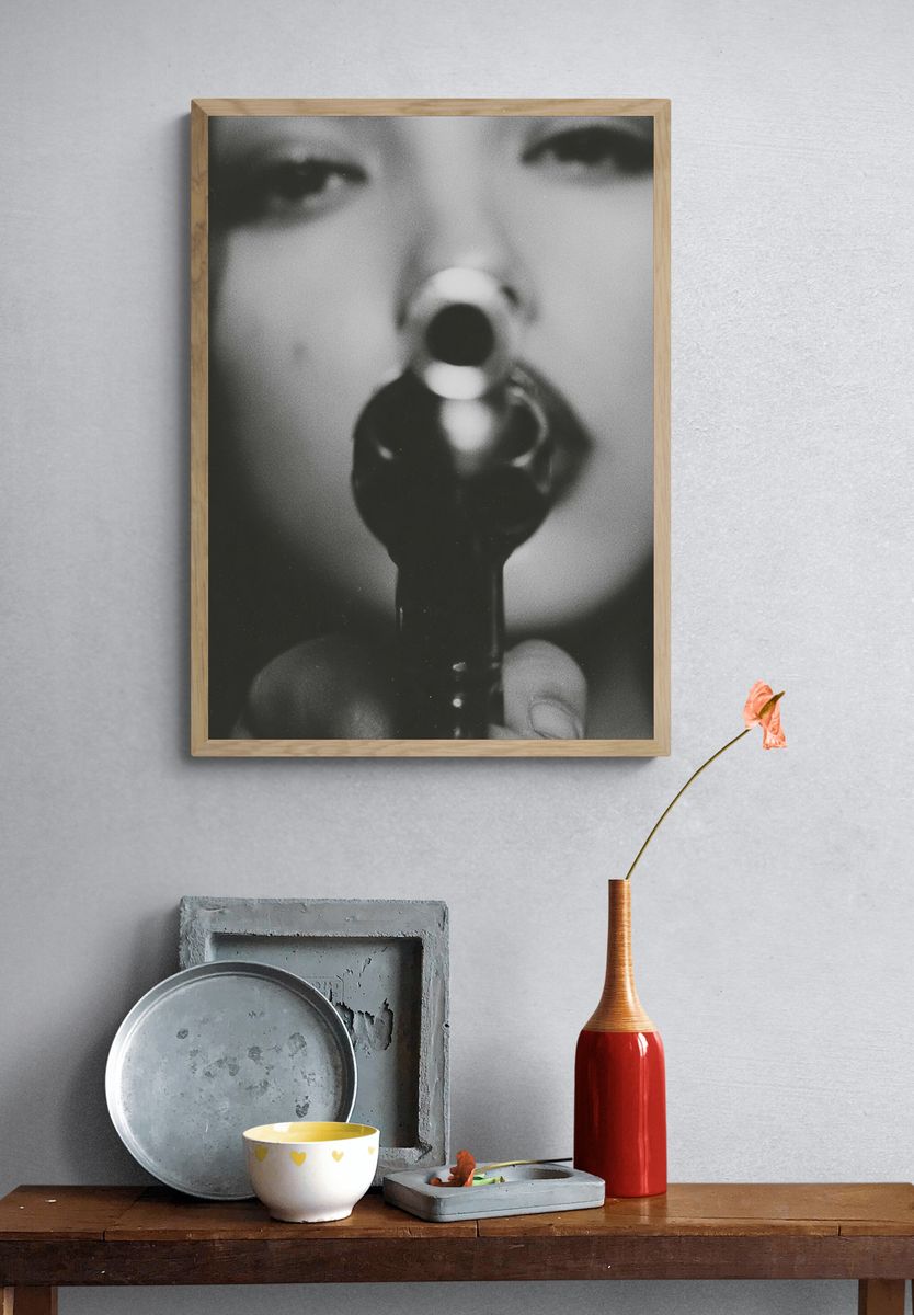 Surreal Face and Gun — Photography Print. — room view 3