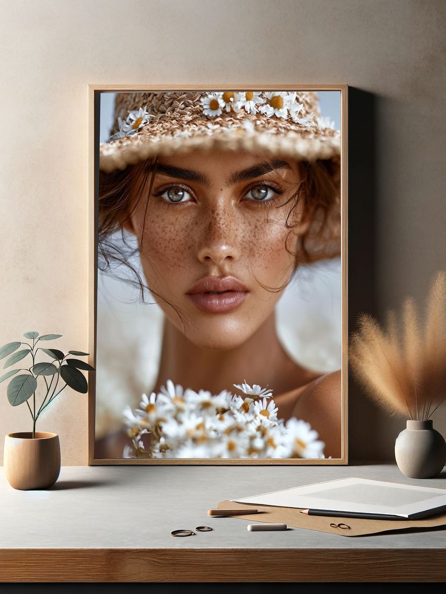 Freckled Woman in Straw Hat Poster. — room view 2