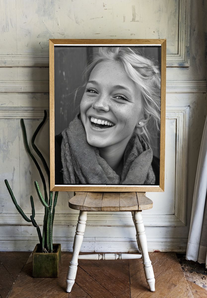 Smiling Portrait Black-White Print. — room view 1