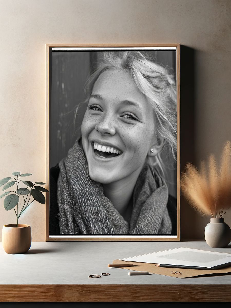 Smiling Portrait Black-White Print. — room view 2