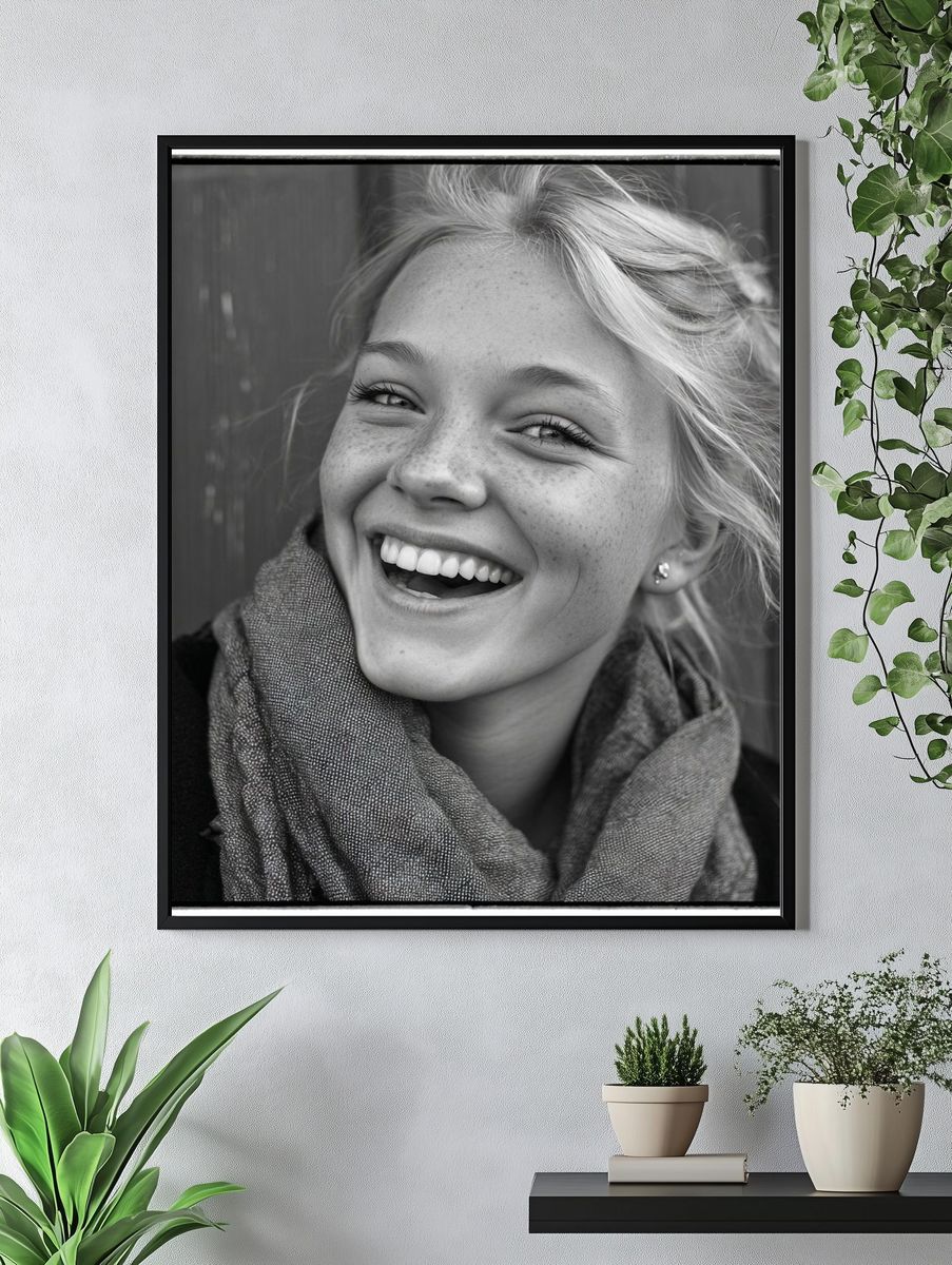 Smiling Portrait Black-White Print. — room view 4