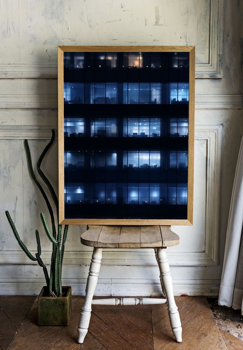Blue Office Windows Night Poster. — room view 1