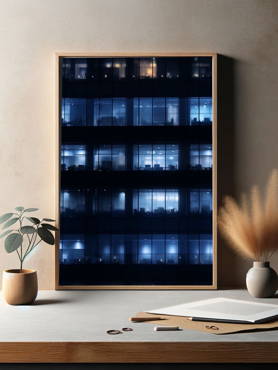 Blue Office Windows Night Poster. — room view 2