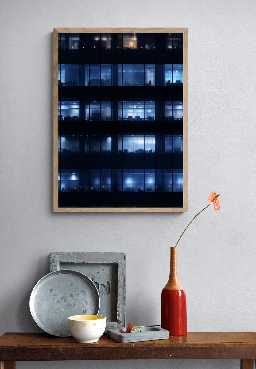 Blue Office Windows Night Poster. — room view 3