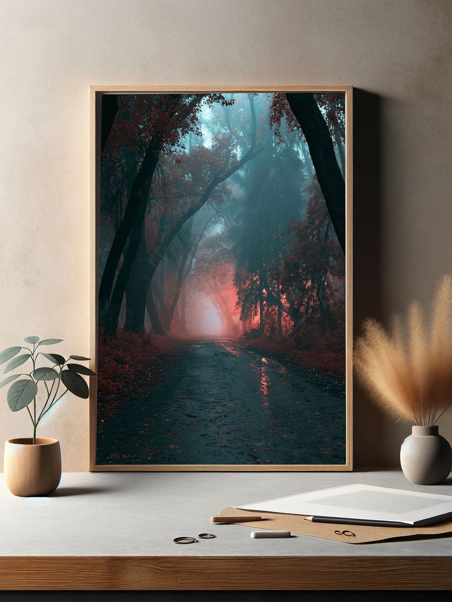 Misty Forest Path Photography Poster. — room view 2