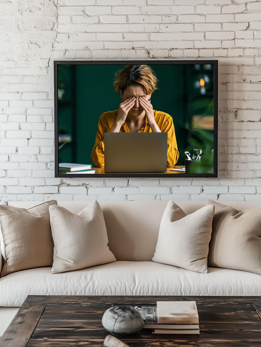 Stressed Woman at Laptop Photography Poster. room preview