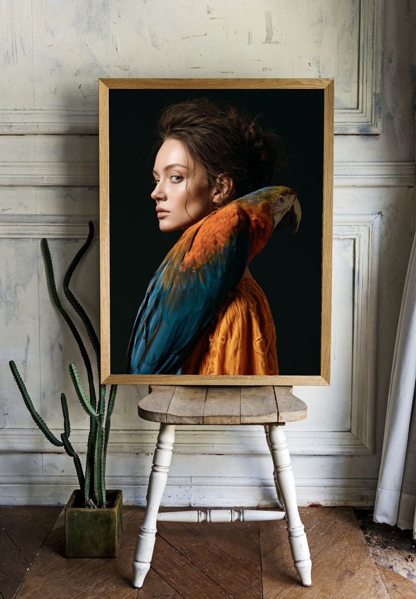 Woman with Parrot Portrait Print. room preview