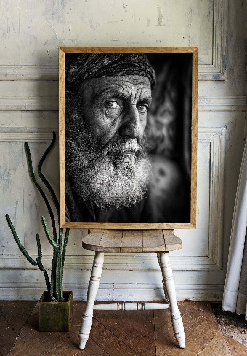 Elderly Man Portrait Black-White Poster. — room view 1