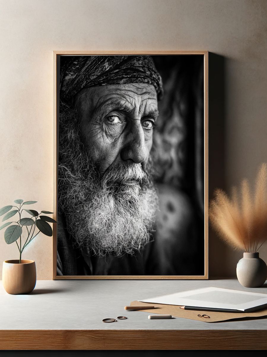 Elderly Man Portrait Black-White Poster. — room view 2