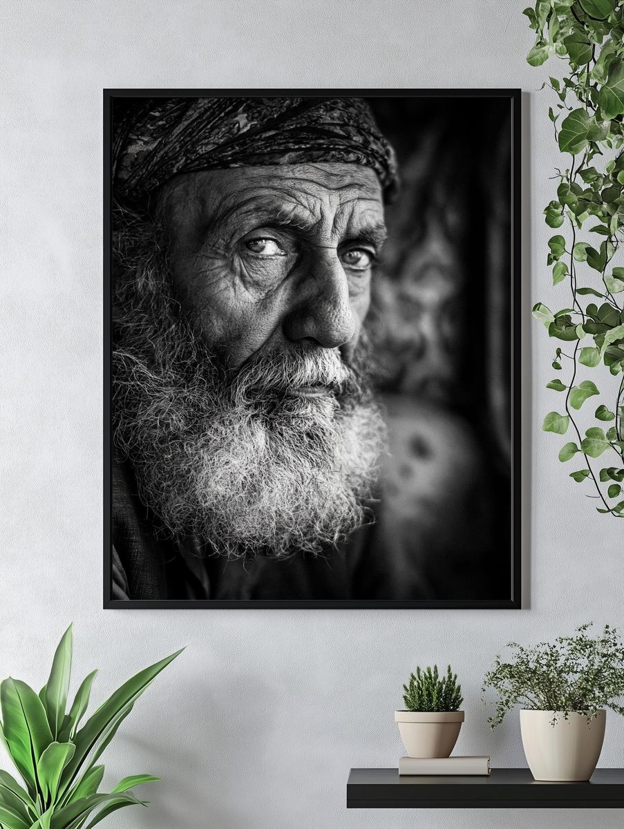 Elderly Man Portrait Black-White Poster. — room view 4