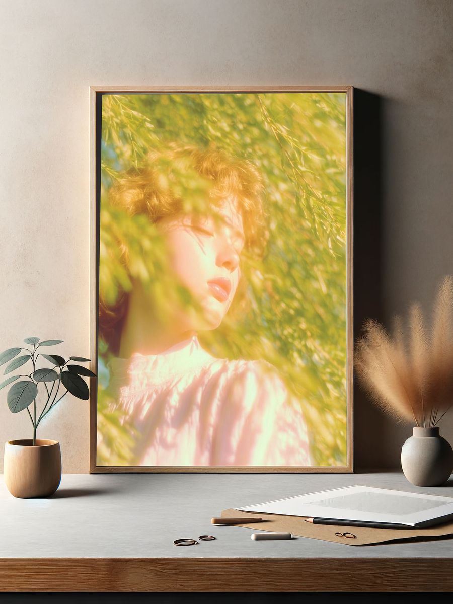 Sunlit Portrait in Green Foliage Poster. — room view 2