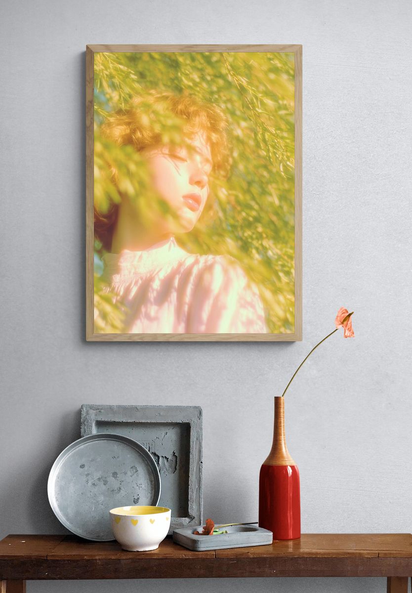 Sunlit Portrait in Green Foliage Poster. — room view 3