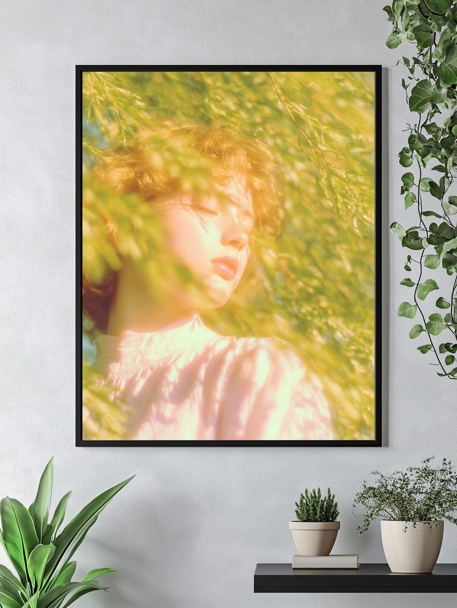 Sunlit Portrait in Green Foliage Poster. — room view 4