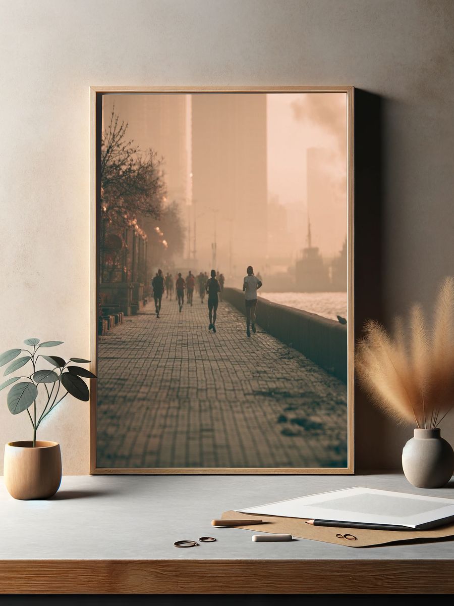 Sunset Riverside Runners Photography Poster. — room view 2