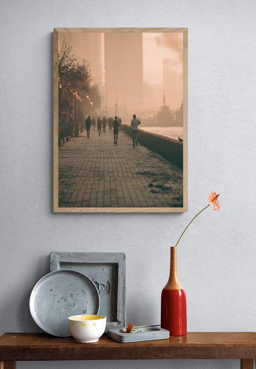 Sunset Riverside Runners Photography Poster. — room view 3