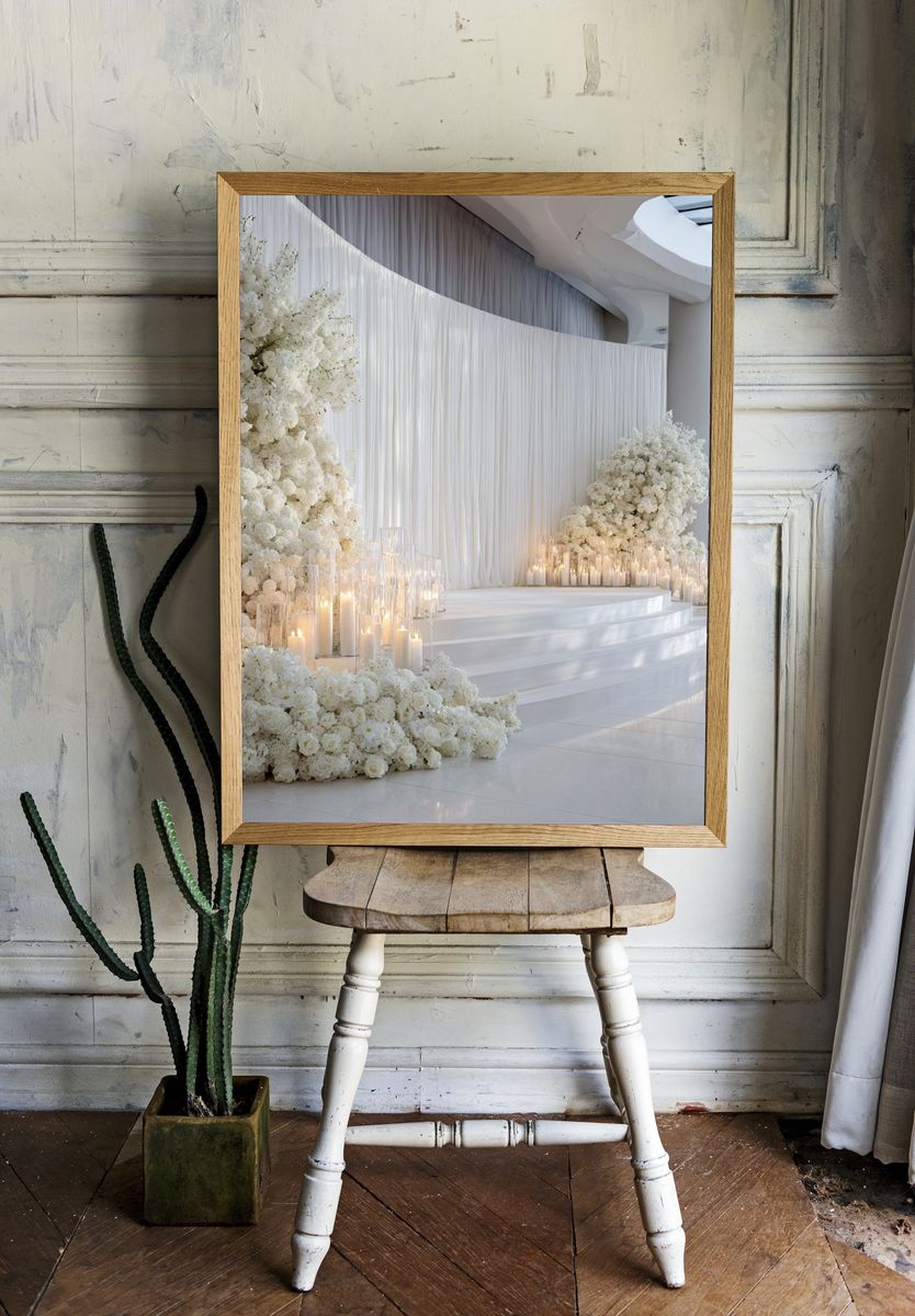 White Floral Wedding Stage Photography Poster. — room view 1