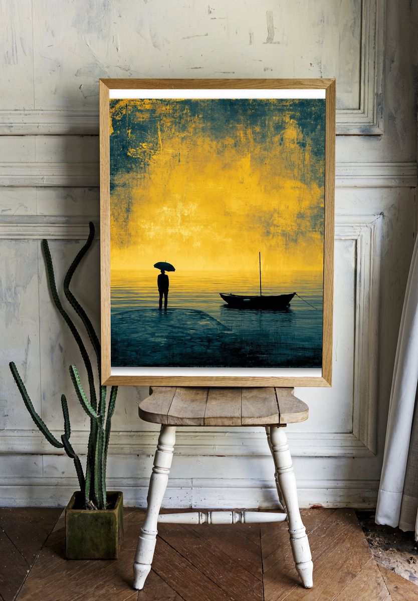 Solitary Boat at Sunset Photography Poster. — room view 1