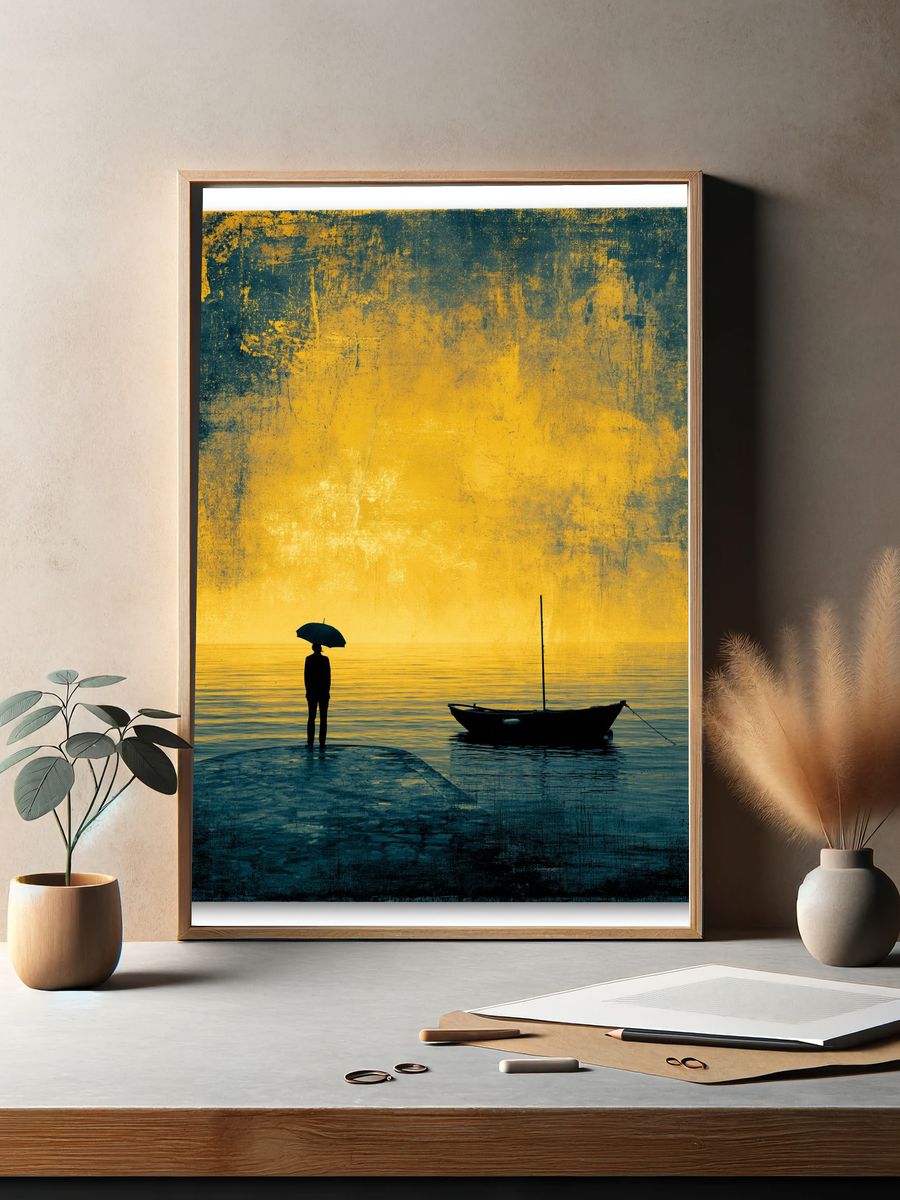 Solitary Boat at Sunset Photography Poster. — room view 2