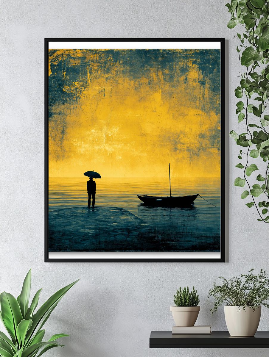 Solitary Boat at Sunset Photography Poster. — room view 4