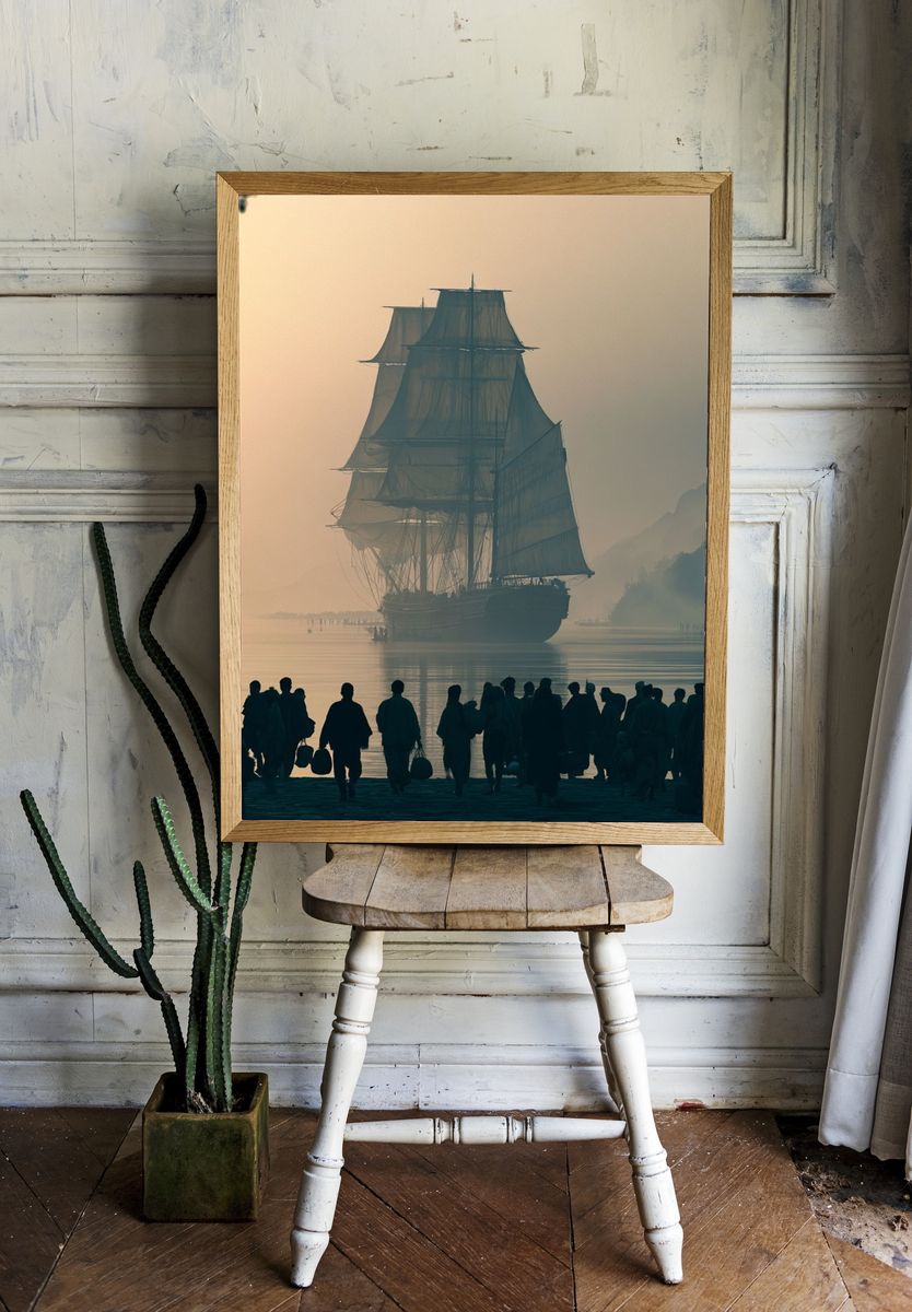 Misty Tall Ship Harbor Poster. — room view 1