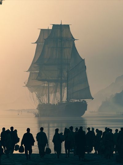 Misty Tall Ship Harbor Poster. poster
