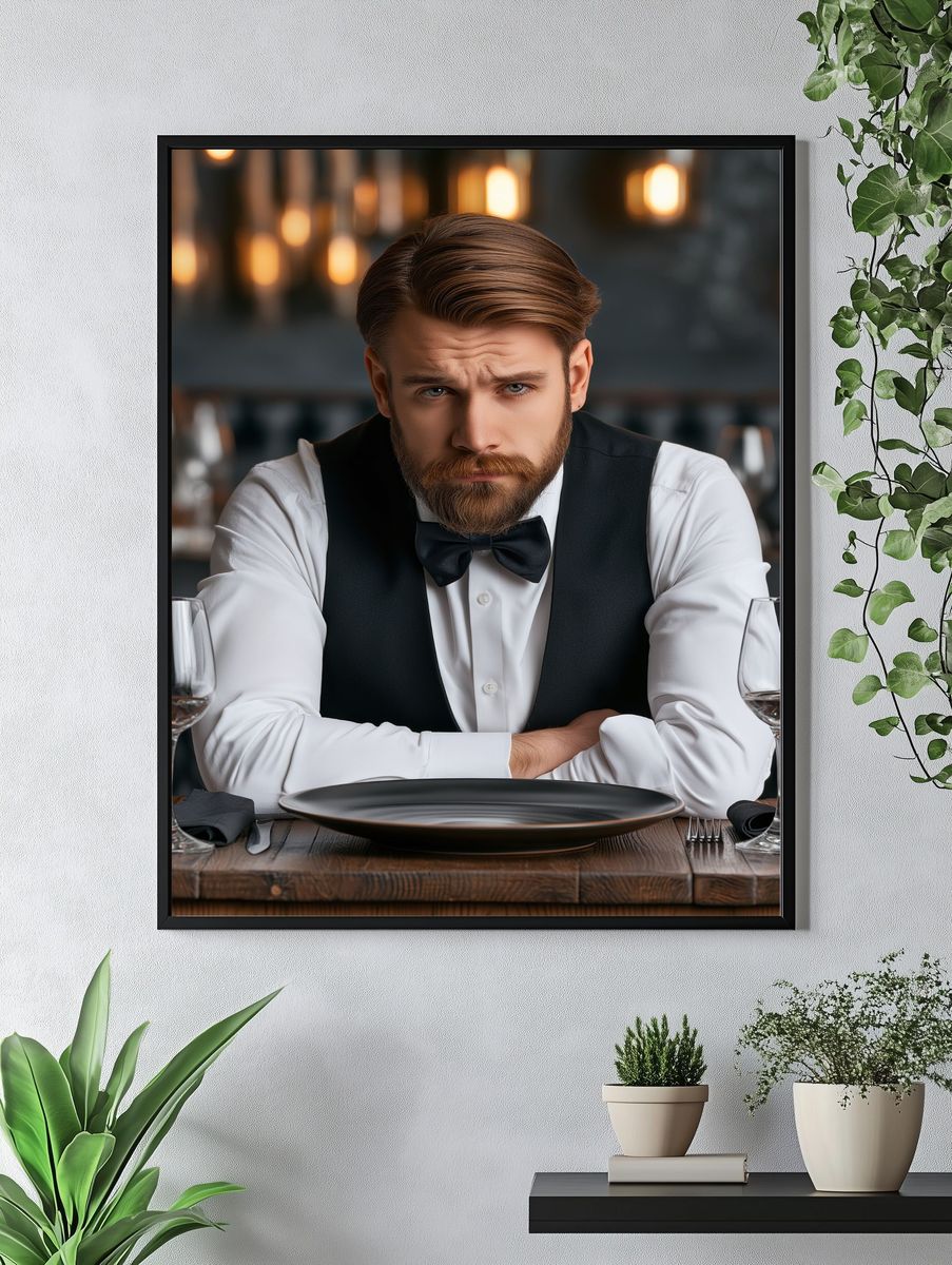 Brooding Waiter Portrait Print. — room view 4