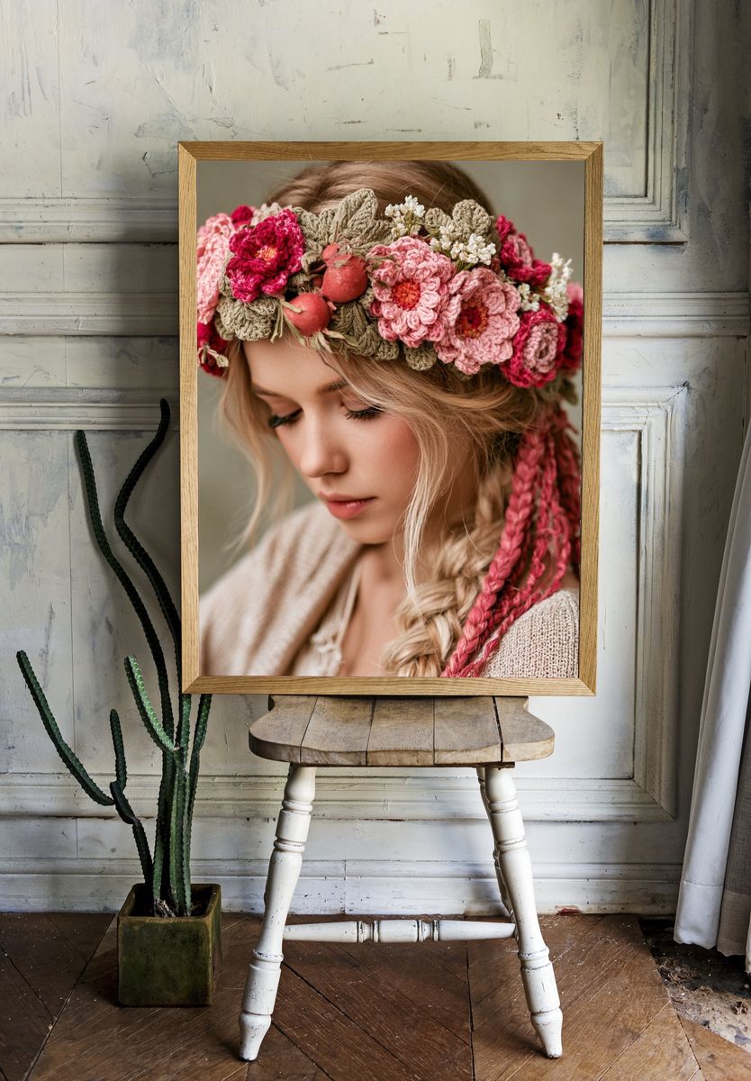Crocheted Flower Crown Portrait Print. room preview