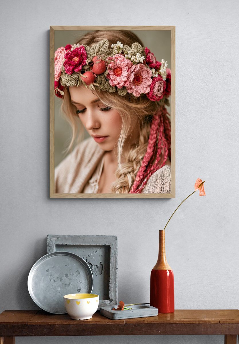 Crocheted Flower Crown Portrait Print. — room view 3