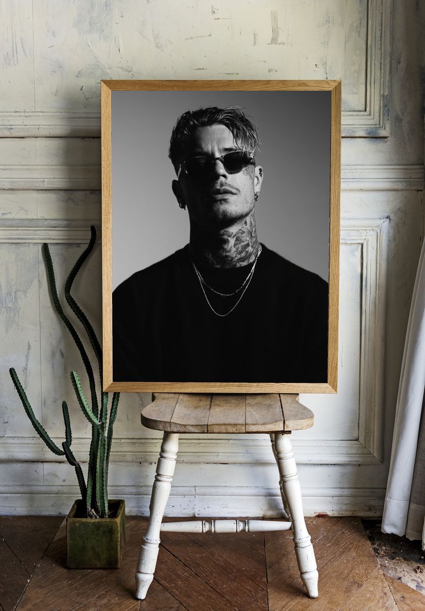 Tattooed Man in Sunglasses Portrait Print. room preview