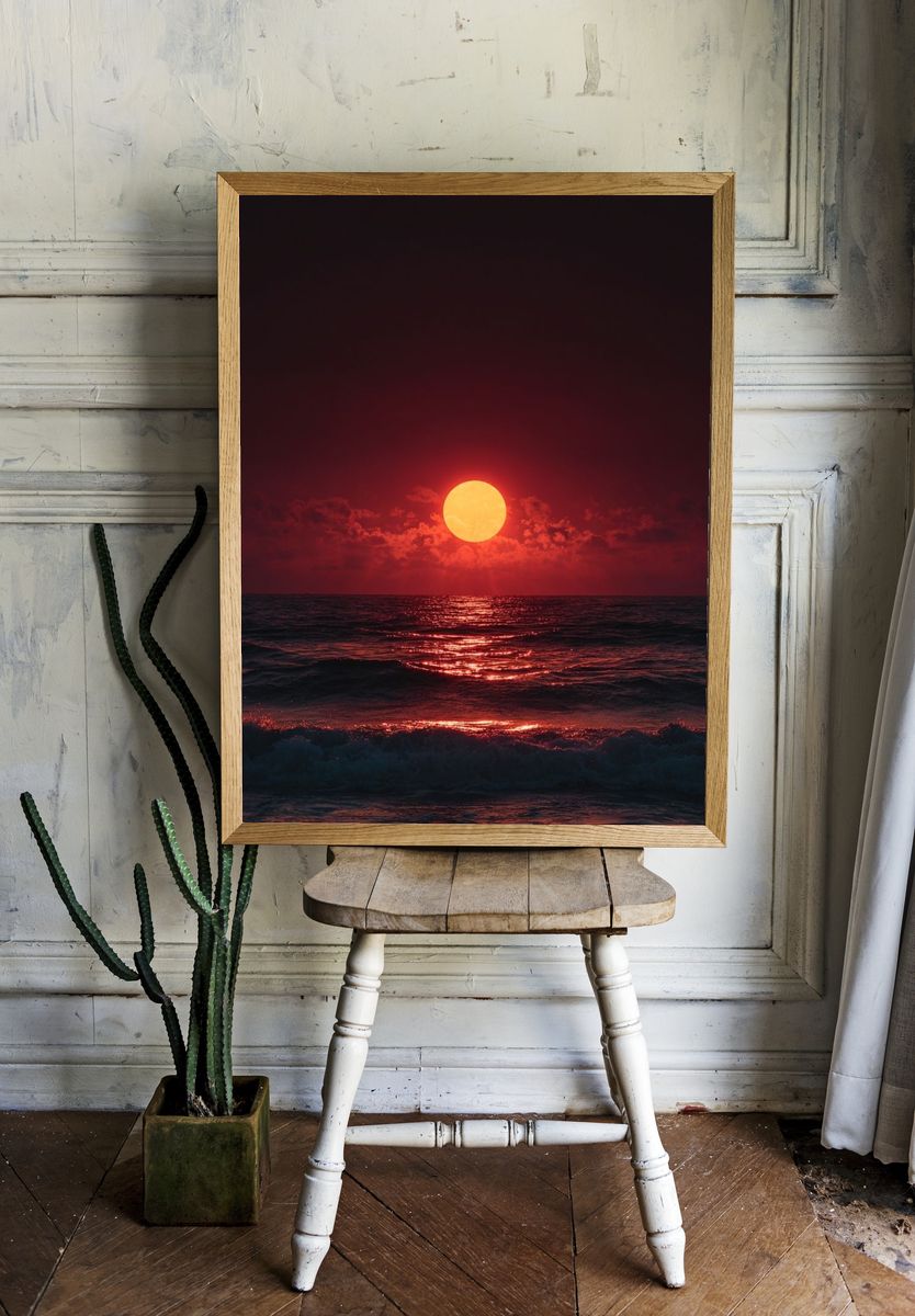 Crimson Ocean Sunset Photography Poster. — room view 1