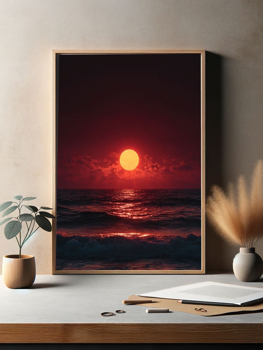 Crimson Ocean Sunset Photography Poster. — room view 2