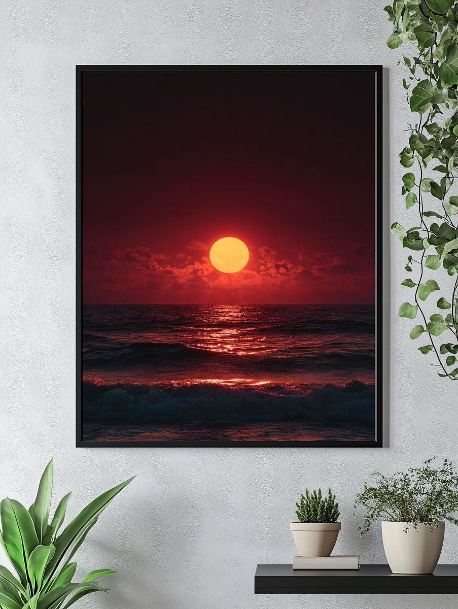 Crimson Ocean Sunset Photography Poster. — room view 4