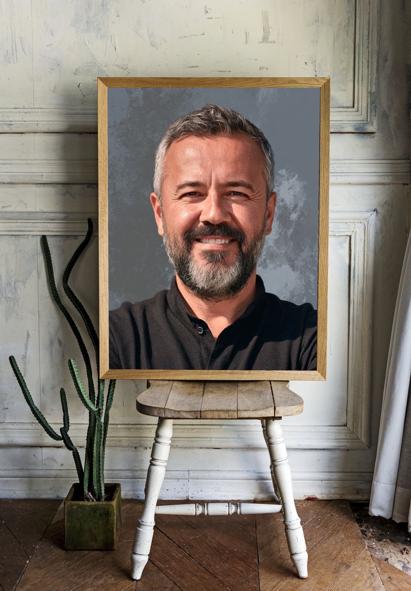 Smiling Bearded Man Portrait Print. room preview