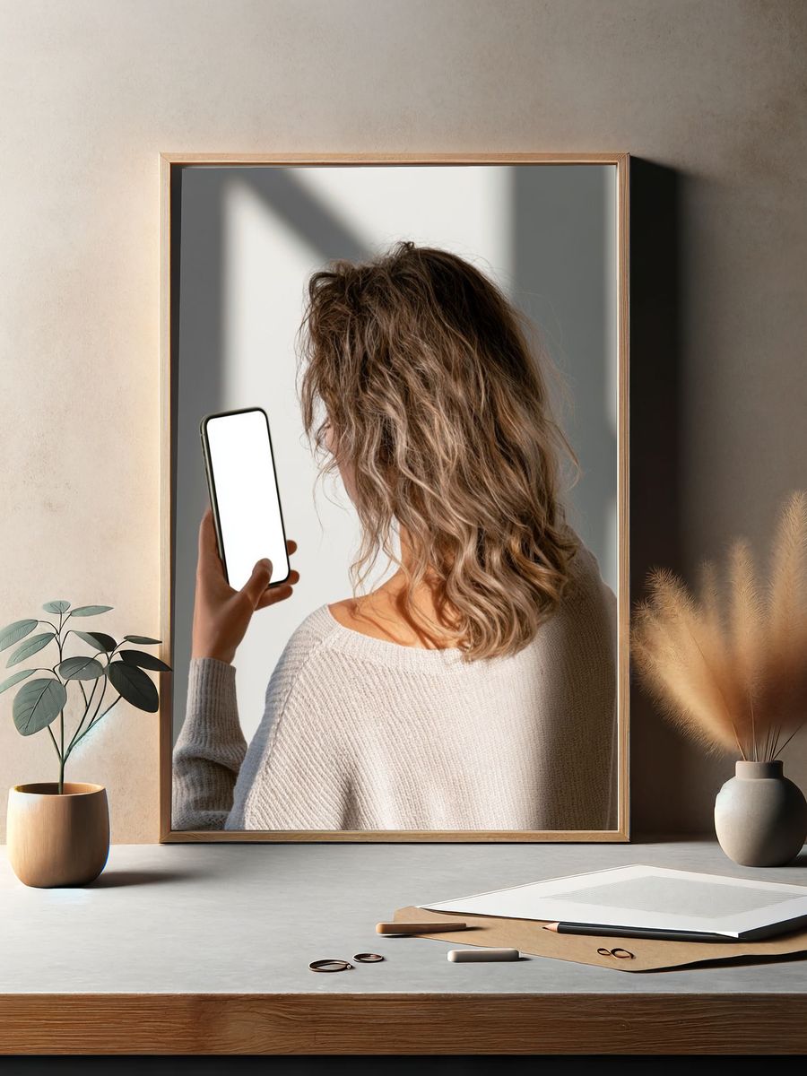 Woman Holding Phone Photography Poster. — room view 2