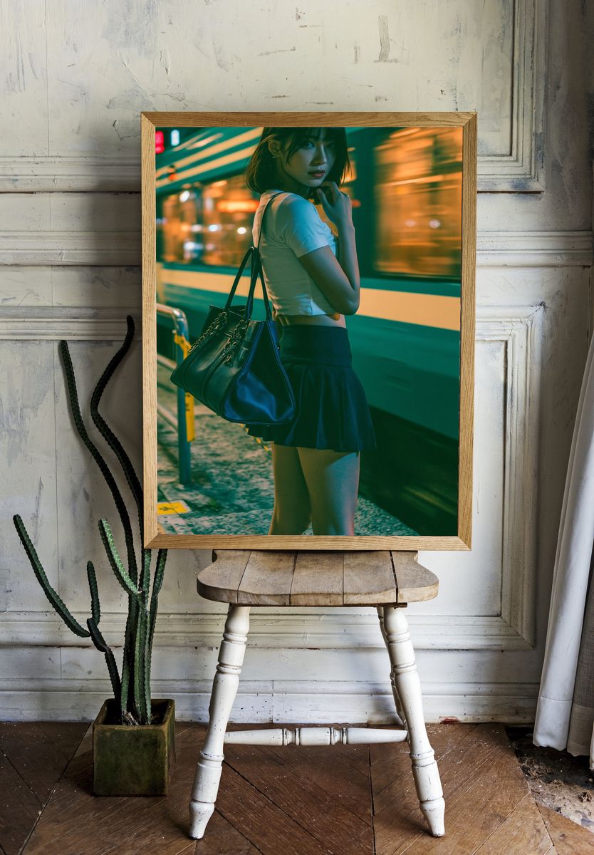 Neon Train Platform Portrait Print. room preview