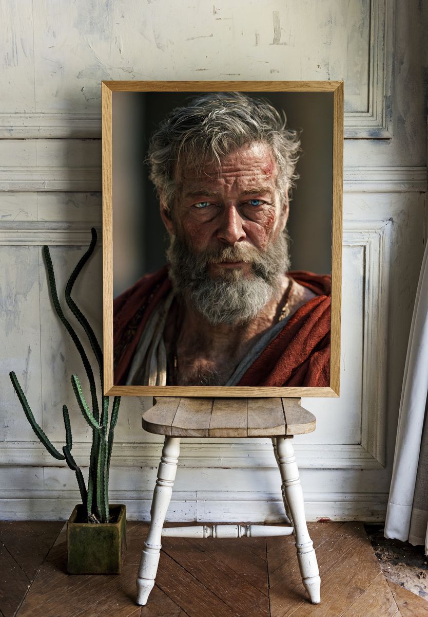 Stoic Bearded Man Portrait Print. — room view 1