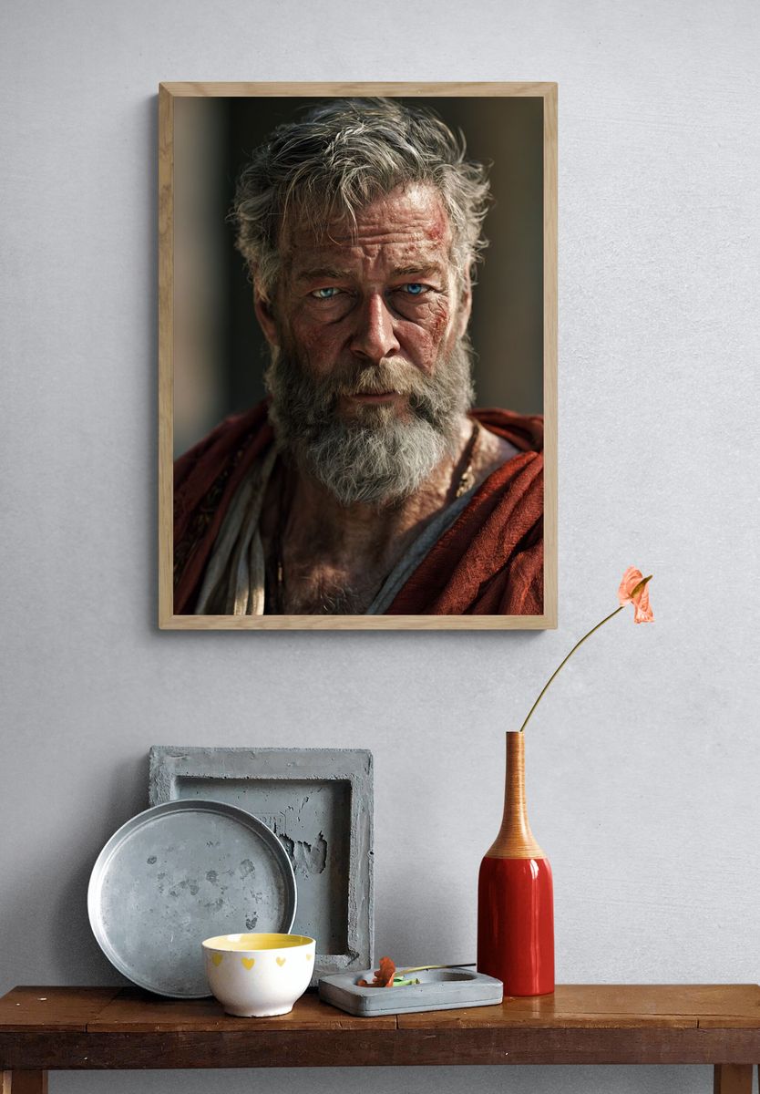 Stoic Bearded Man Portrait Print. — room view 3