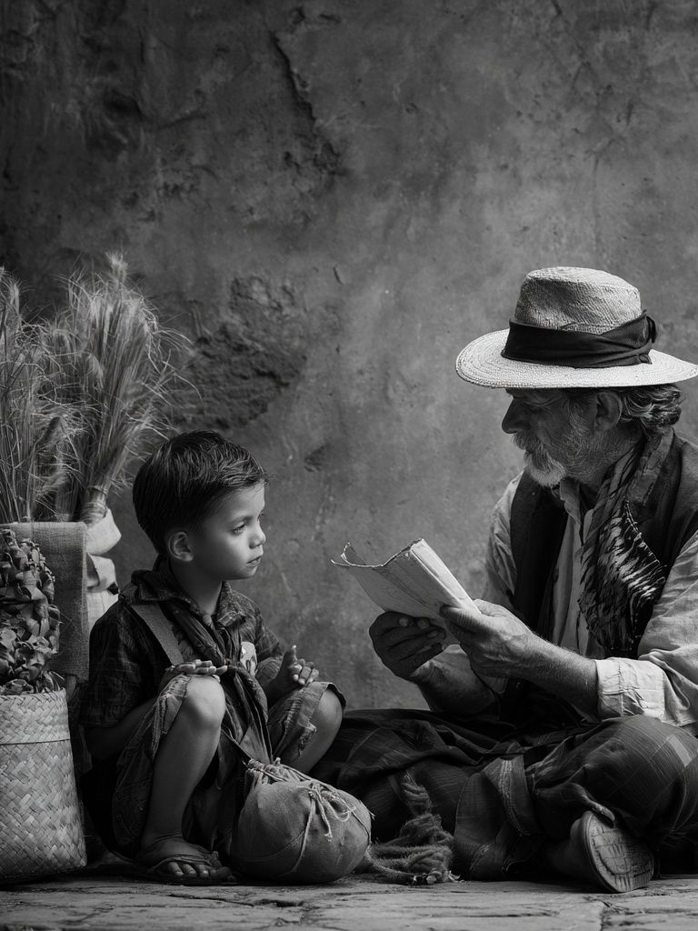 Village Storytelling Black-White Poster. poster detail