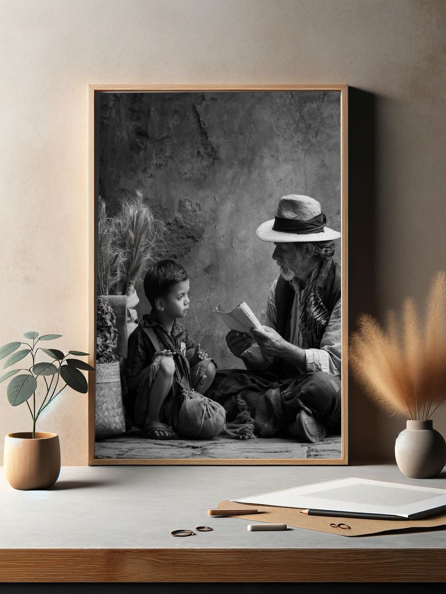 Village Storytelling Black-White Poster. — room view 2