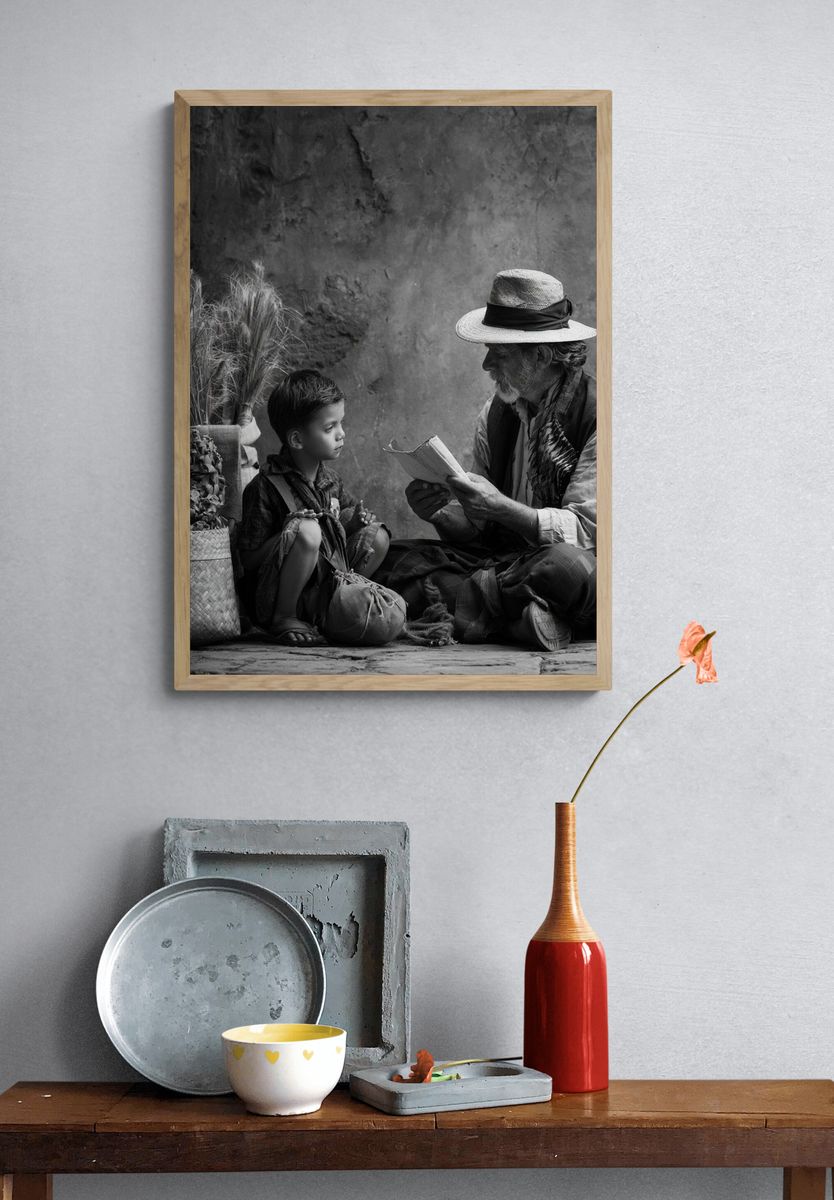 Village Storytelling Black-White Poster. — room view 3