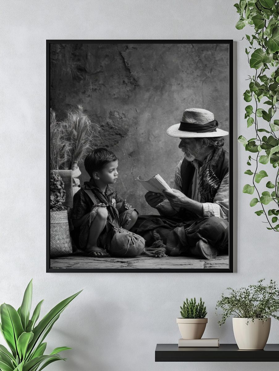 Village Storytelling Black-White Poster. — room view 4