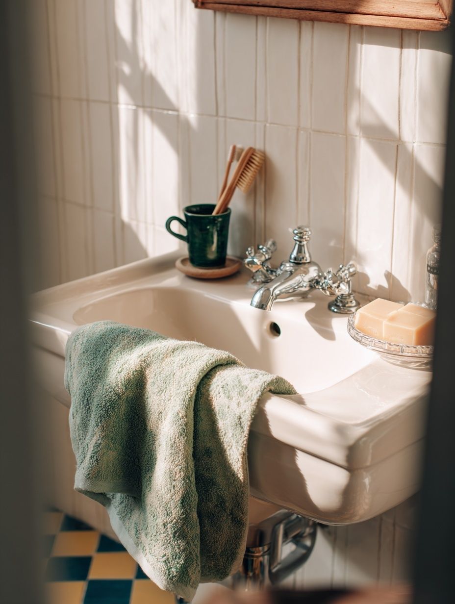 Sunlit Bathroom Sink Photography Poster. poster detail